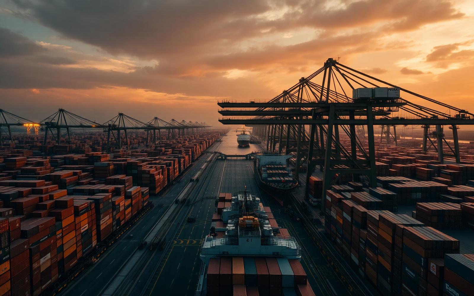 Cargo containers stacked at an international port at sunset